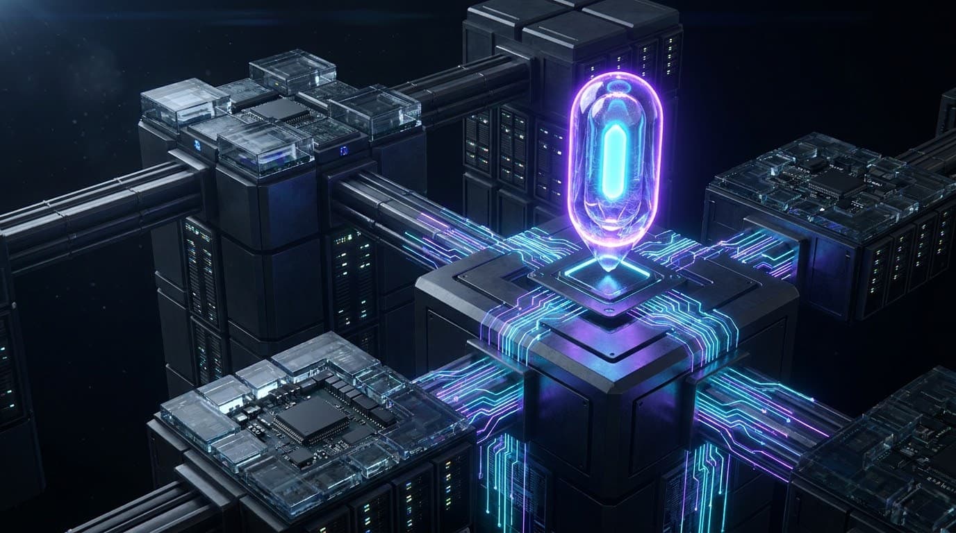 A luminous droplet capsule suspended above a dark server and chip architecture, circuit traces spreading outward from it