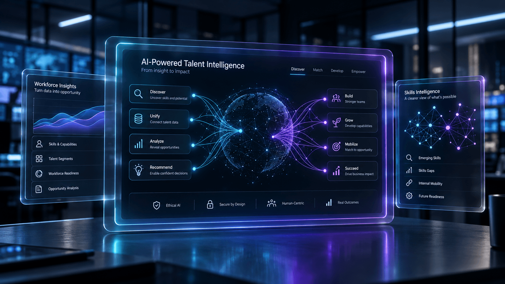 Dark-mode recruitment intelligence interface with candidate matching visuals