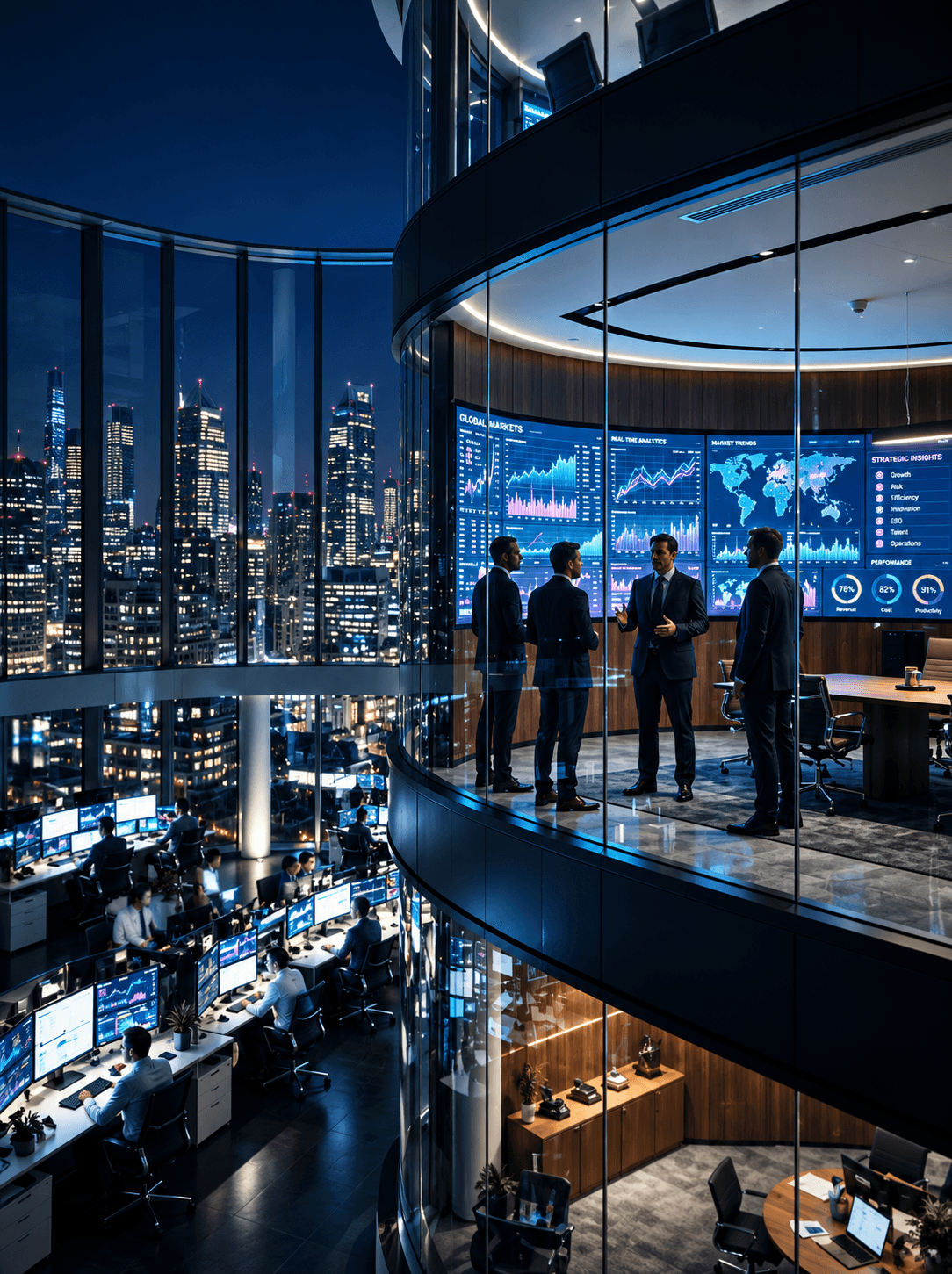 A banking headquarters at night with curved analytics screens