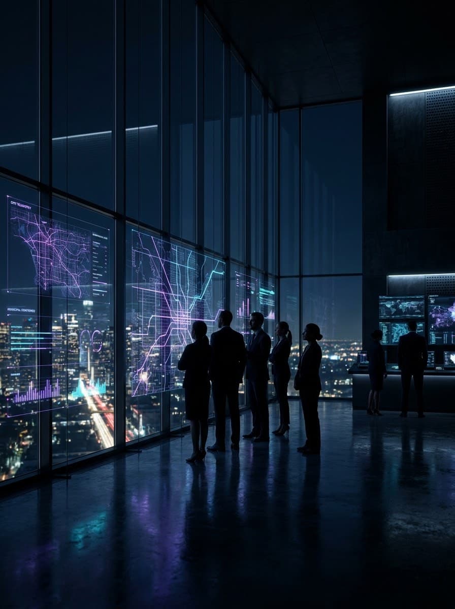 An operations control room at night overlooking a lit city