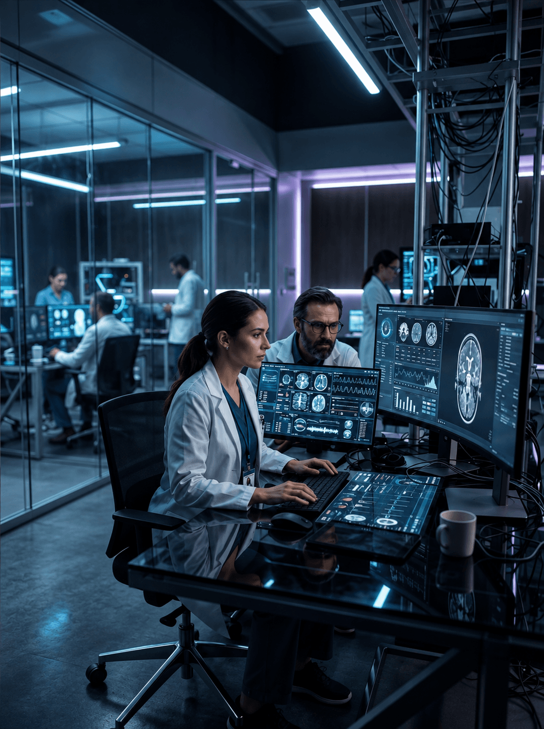 A clinical control centre at night with diagnostic telemetry