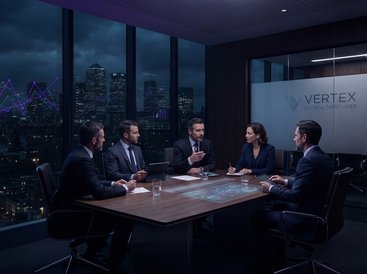 Executives in discussion around a boardroom table at night, a city skyline behind them