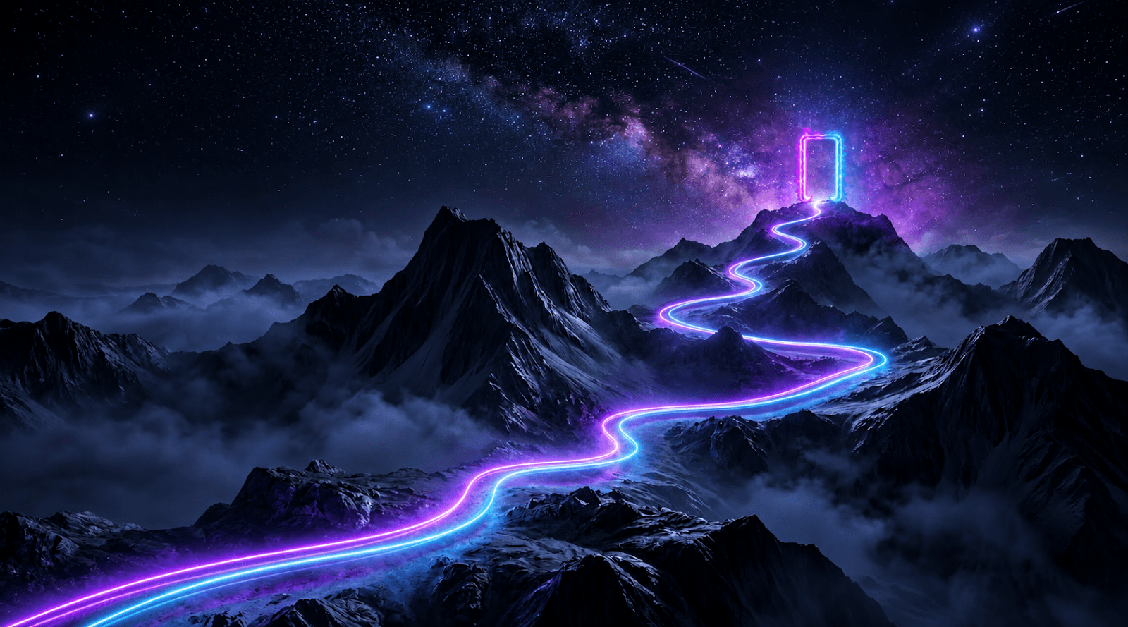 A glowing violet and cyan path winding across night mountains to a gateway at the summit