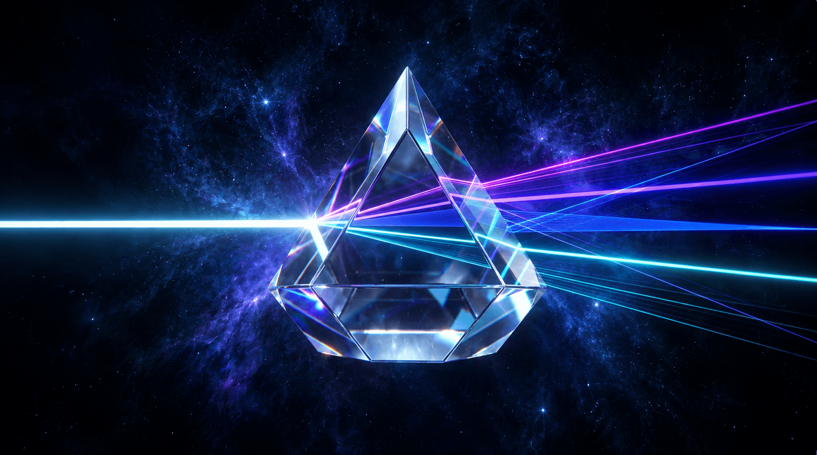 A crystalline prism refracting a beam of light into violet and cyan rays